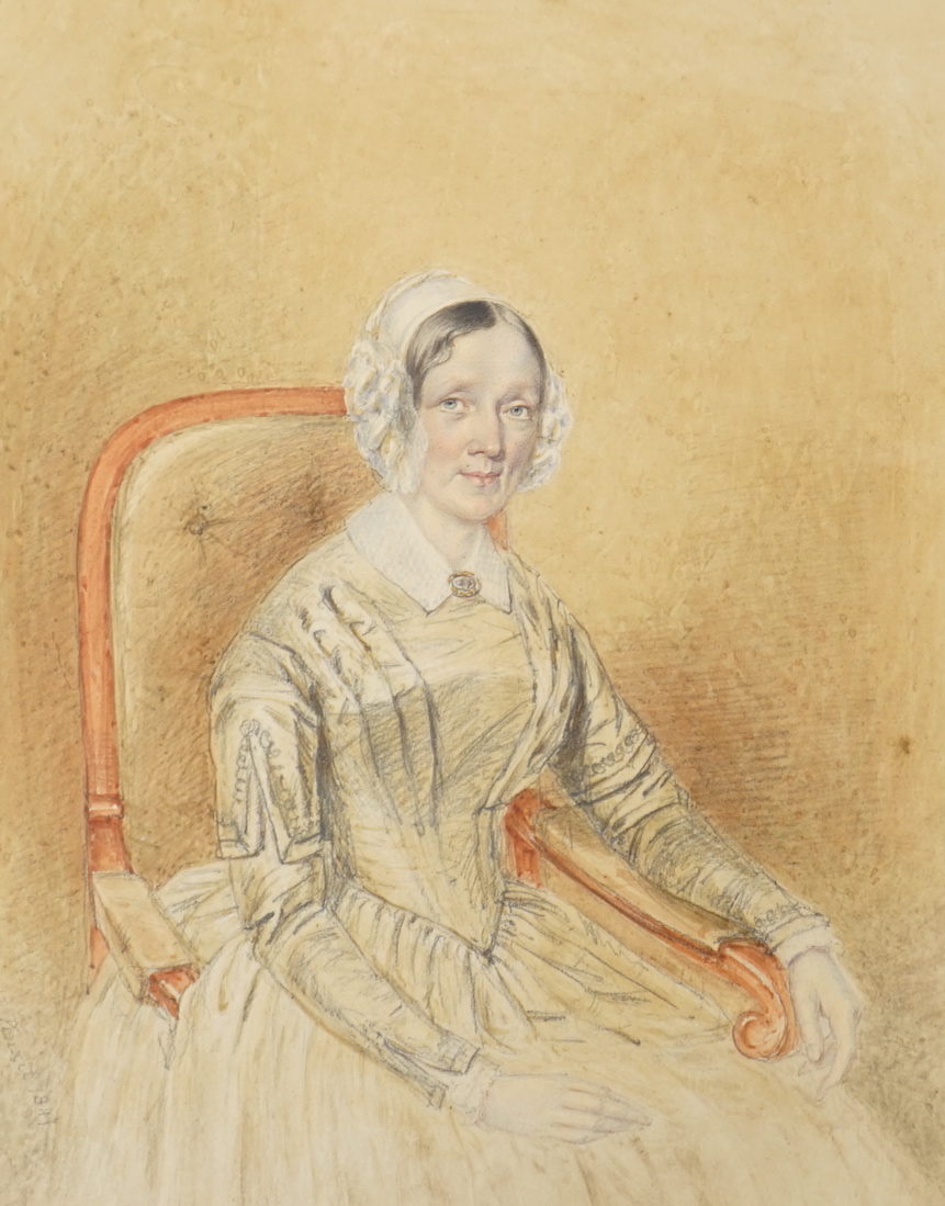 T. Seed (19th. C) watercolour and pencil, Portrait of a seated lady, signed and dated 1847, inscribed verso, ‘My darling mamma, August 1847, Jersey, Harriet Haycock’, 19 x 15cm, ornate gilt framed